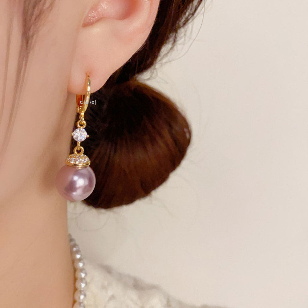 퍼플 진주 큐빅 드롭 원터치 긴귀걸이 14K 보라색 이어링 - 상세 이미지 4