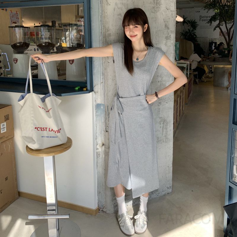 여름 여성용 스타일 면 반팔 드로스트링 허리 슬리밍 시원한 착용감 우아한 디자인 캐주얼 - 상세 이미지 3