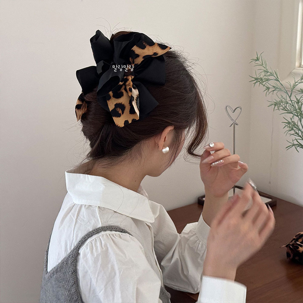 레오파드 더블 리본집게핀 왕리본머리핀 올림머리 헤어삔 - 상세 이미지 2