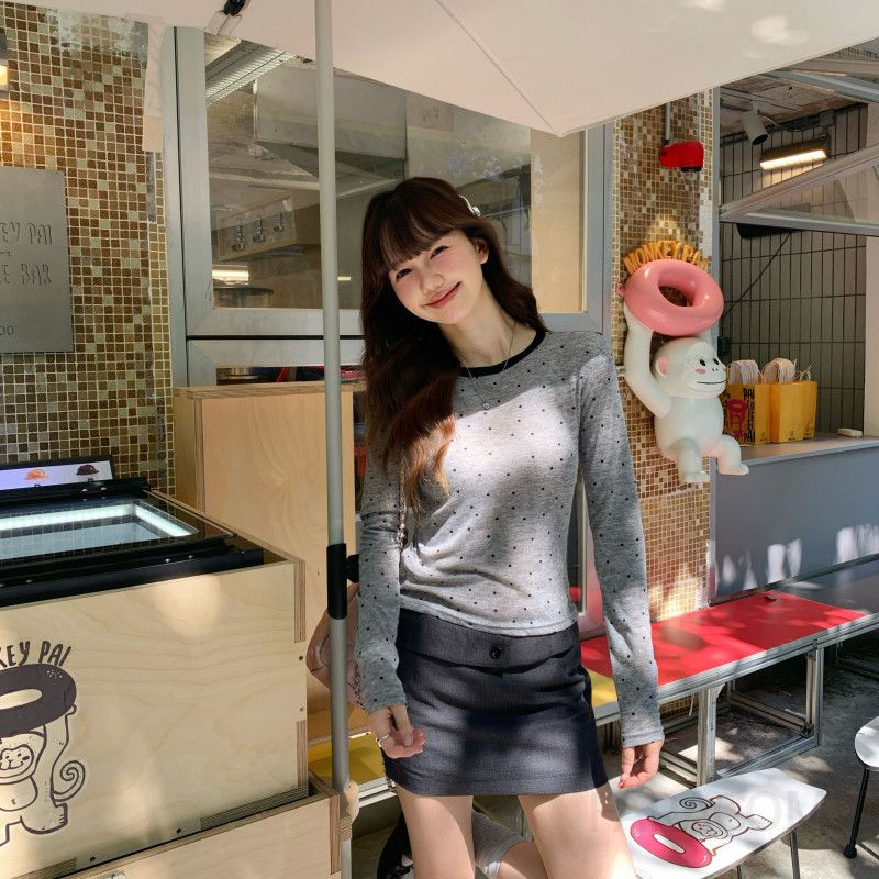 폴카 도트 여성 긴팔 티셔츠 가을 자외선 차단 얇은 레이어드 이너웨어 스타일링 활용도 높은 캐주얼 라운드 - 상세 이미지 3