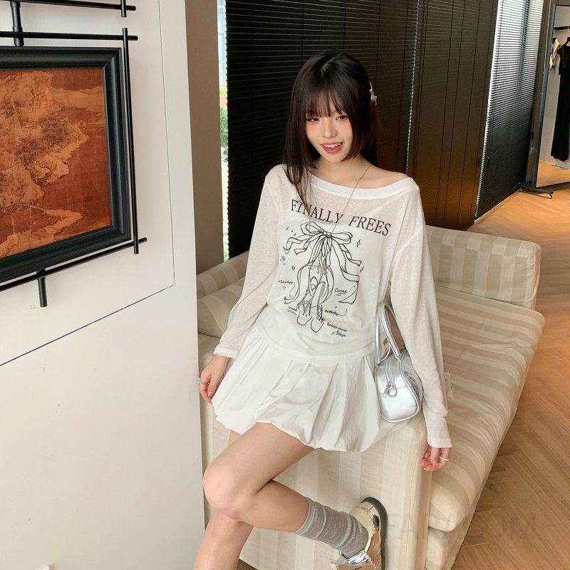 여성 오프숄더 긴팔 티셔츠 초가을용 루즈핏 스타일링 드로스트링 프린트 캐주얼 탑 시원한 착용감 편안한 외출용 디자인 - 상세 이미지 2