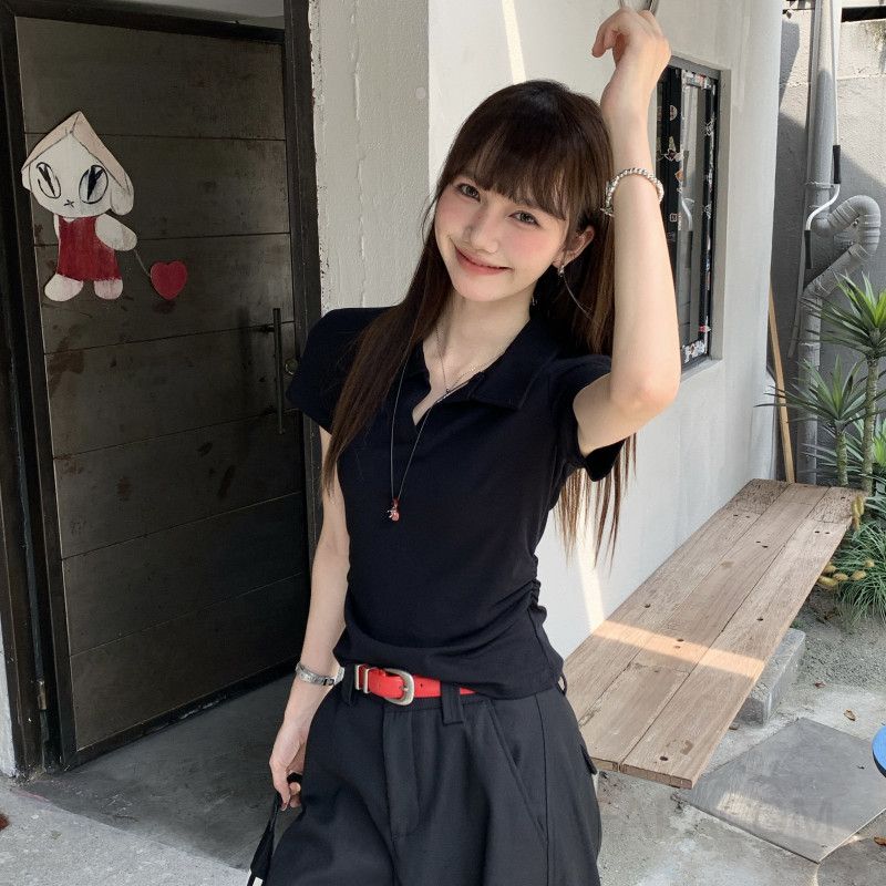 여성용 여름 칼라 반팔 티셔츠 슬리밍 허리 시원한 착용감 스타일 트렌디한 디자인 캐주얼한 외출용 - 상세 이미지 2