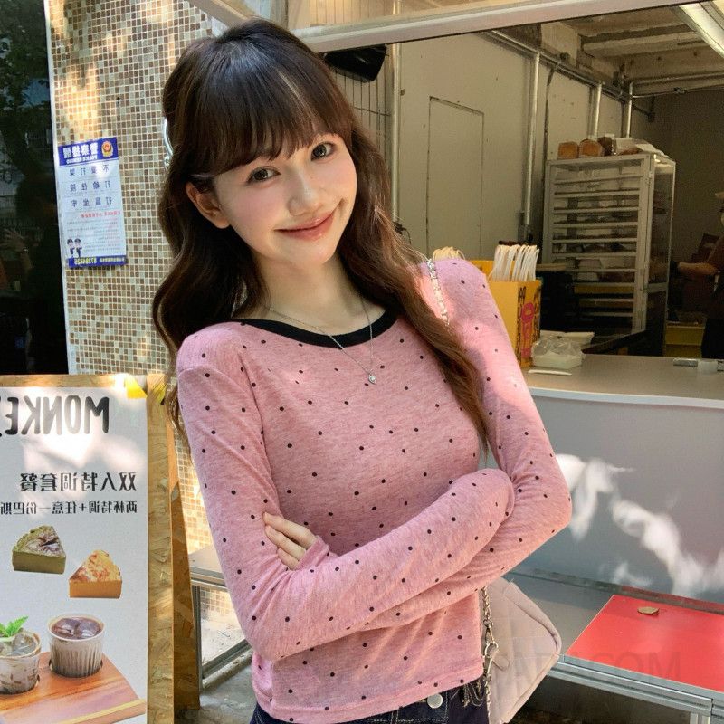 폴카 도트 여성 긴팔 티셔츠 가을 자외선 차단 얇은 레이어드 이너웨어 스타일링 활용도 높은 캐주얼 라운드 - 상세 이미지 5