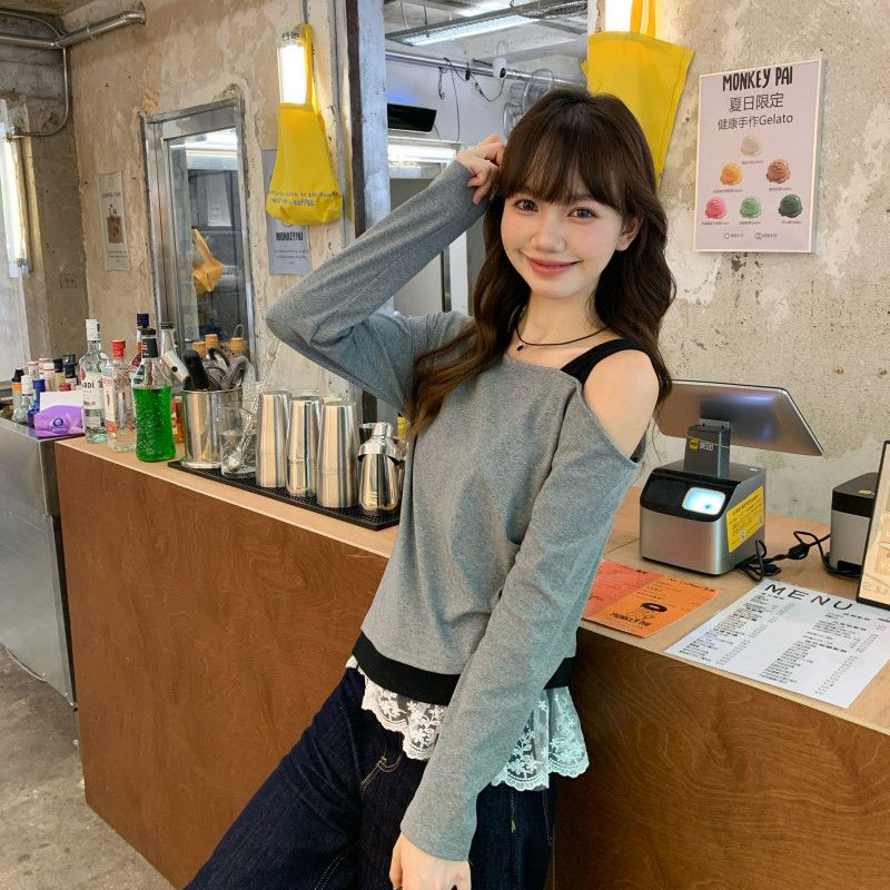 여성 오프숄더 긴팔 티셔츠 초가을 레이어드 스타일 캐미솔 디자인 캐주얼 착용감 편안한 시크한 매력 - 상세 이미지 2