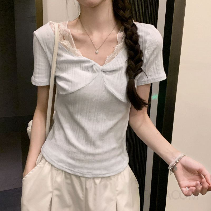 여성 캐미솔 레이스 트림 반팔티셔츠 여름 슬림핏 블루 매듭 스타일 시원한 착용감 데일리룩 활용 가능 - 상세 이미지 3