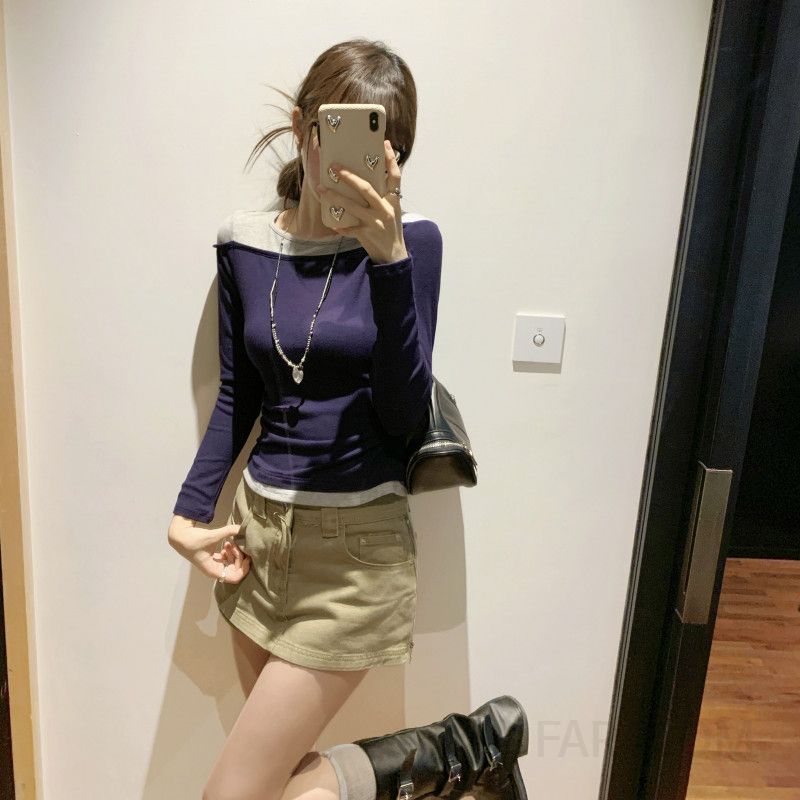 여성 긴팔티셔츠 가을 컬러 블로킹 스타일 허리 디자인 레이어드 모던한 캐주얼 착용감 좋은 - 상세 이미지 3