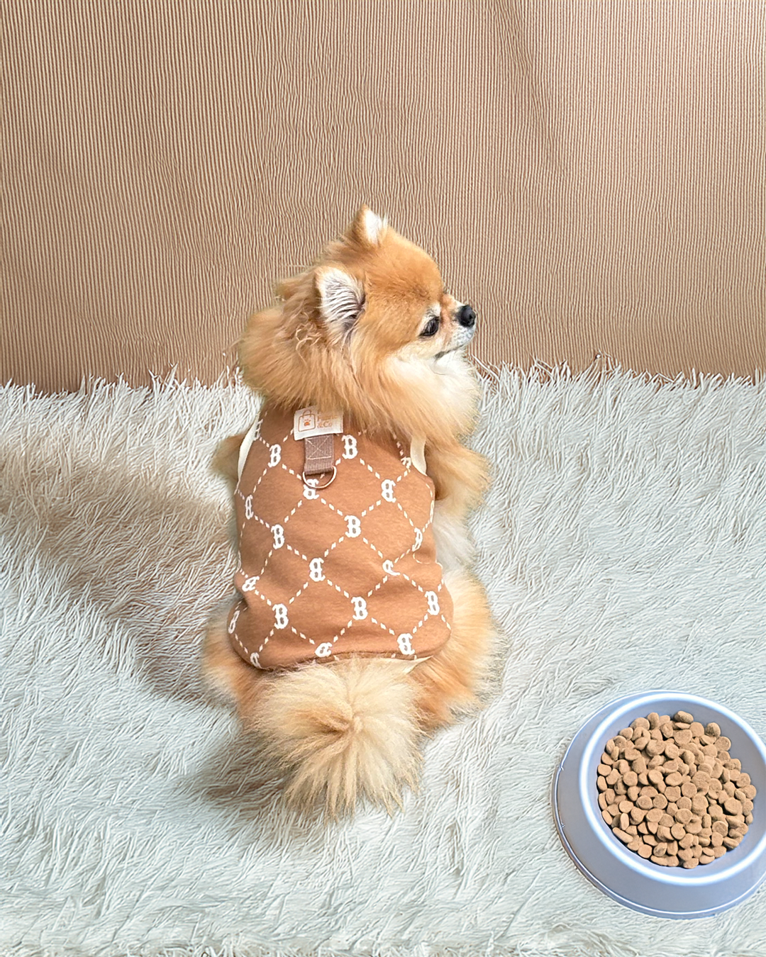 (펫 파브릭 앤코) 브라운 모노그램 하네스 베스트 강아지 옷 산책용 D링 민소매 티셔츠 - 메인 이미지
