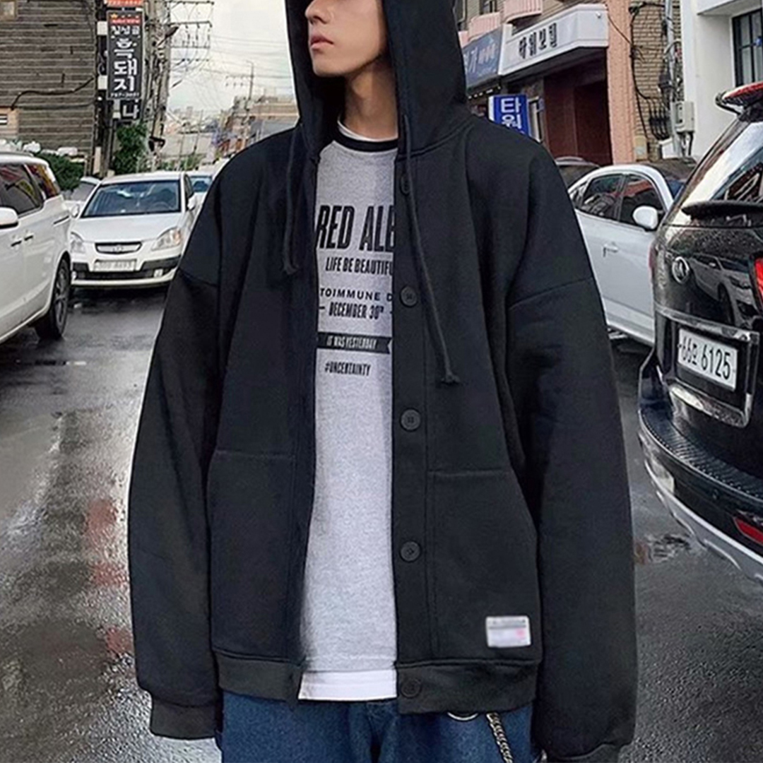 남자 기모 후드점퍼 후드잠바 버튼 오버핏 맨투맨 긴팔 XL 2XL - 상세 이미지 2