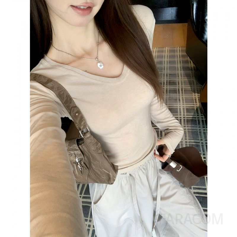 여성 긴팔 V넥 오프숄더 티셔츠 가을 다용도 레이어드 스타일 솔리드 컬러 패션 신상 - 상세 이미지 5
