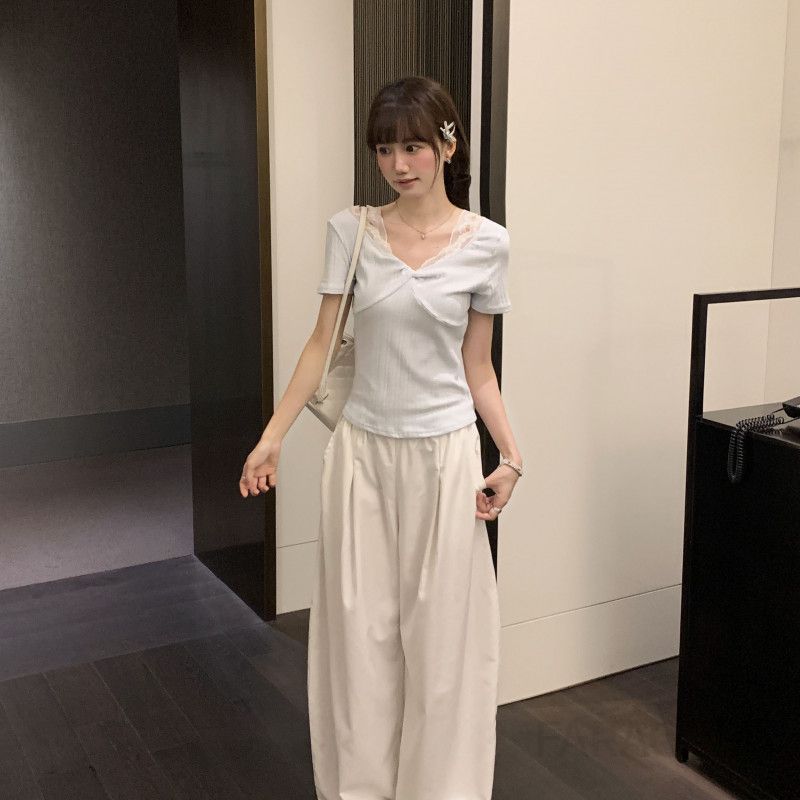 여성 캐미솔 레이스 트림 반팔티셔츠 여름 슬림핏 블루 매듭 스타일 시원한 착용감 데일리룩 활용 가능 - 상세 이미지 2