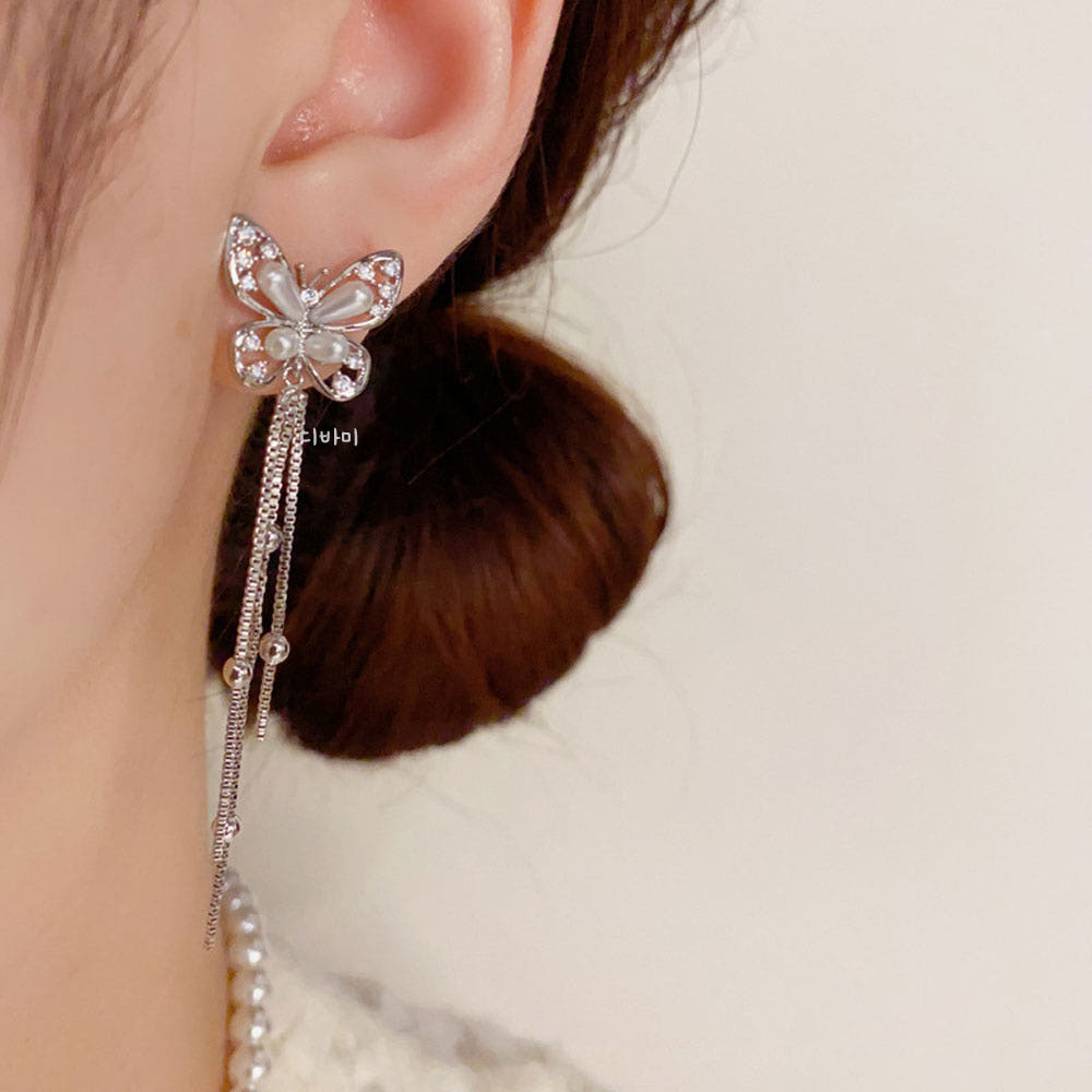 14K 진주 나비 태슬 롱 이어링 드롭 명품 긴귀걸이 이미지 6