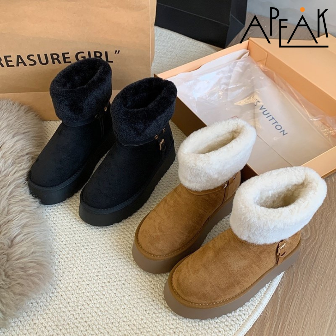 여성 플랫폼 겨울 퍼부츠 사이드버클 롤업 4cm 키높이 통굽 진베이지/블랙 2종택1 - 상품 이미지