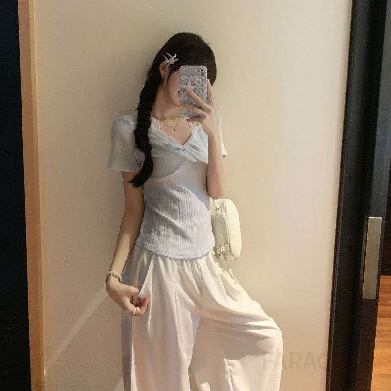 여성 캐미솔 레이스 트림 반팔티셔츠 여름 슬림핏 블루 매듭 스타일 시원한 착용감 데일리룩 활용 가능 - 상세 이미지 4