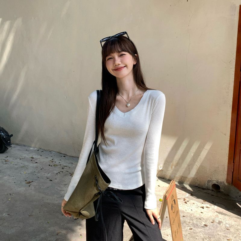 여성용 유럽 스타일 긴팔 플리스 안감 이너웨어 가을 겨울 티셔츠 세련된 레이어드티셔츠 캐주얼룩 활용도 높은 디자인 - 상품 이미지