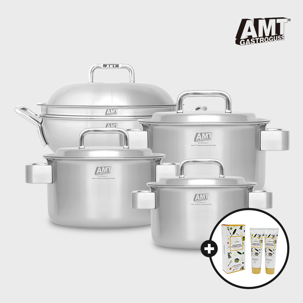 AMT 프로 냄비 4종 세트(16cm,20cm,24cm양수냄비, 파티웍28cm)+사은품 큐네이처 크림세정제 - 메인 이미지