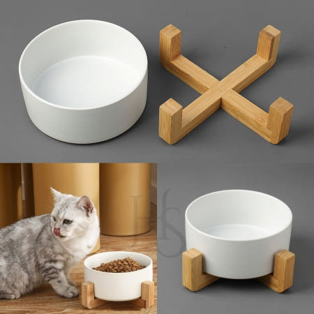 NAUM 반려동물 도자기 식기 우드받침 16cm 화이트 고양이수반 강아지물통 고양이밥그릇