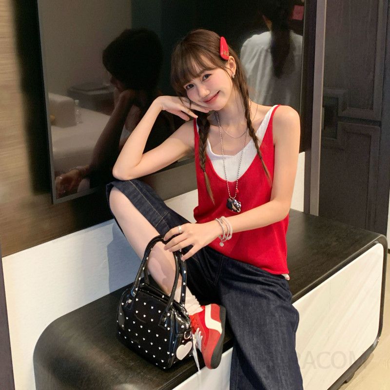 여름 여성 실크 니트 캐미솔 슬리브리스 나시탑 시원한 착용감 스타일 레이어드로 활용도 높은 민소매니트 - 상품 이미지