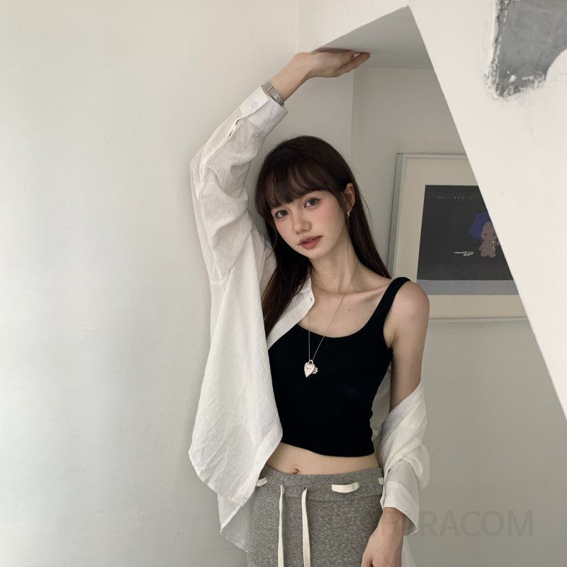 여성용 브라탑 캡나시 여름 민소매 슬리브리스 몸에 꼭 맞는 핫한 스타일 아첨하는 핏 블랙 컬러 레이어드룩 필수 - 상세 이미지 4
