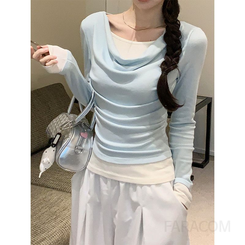 여성 긴팔티셔츠 가을 레이어드 홀터넥 디자인 허리 스타일 이너웨어 편안한 착용감 캐주얼룩 패션 - 상품 이미지