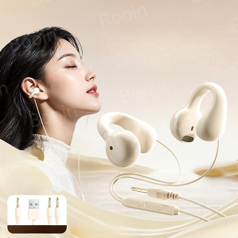 오픈형 유선이어폰 귀안아픈 귀걸이형 러닝 골전도 게이밍 운동 브라이트문화이트 3.5mm 단일 - 상품 이미지