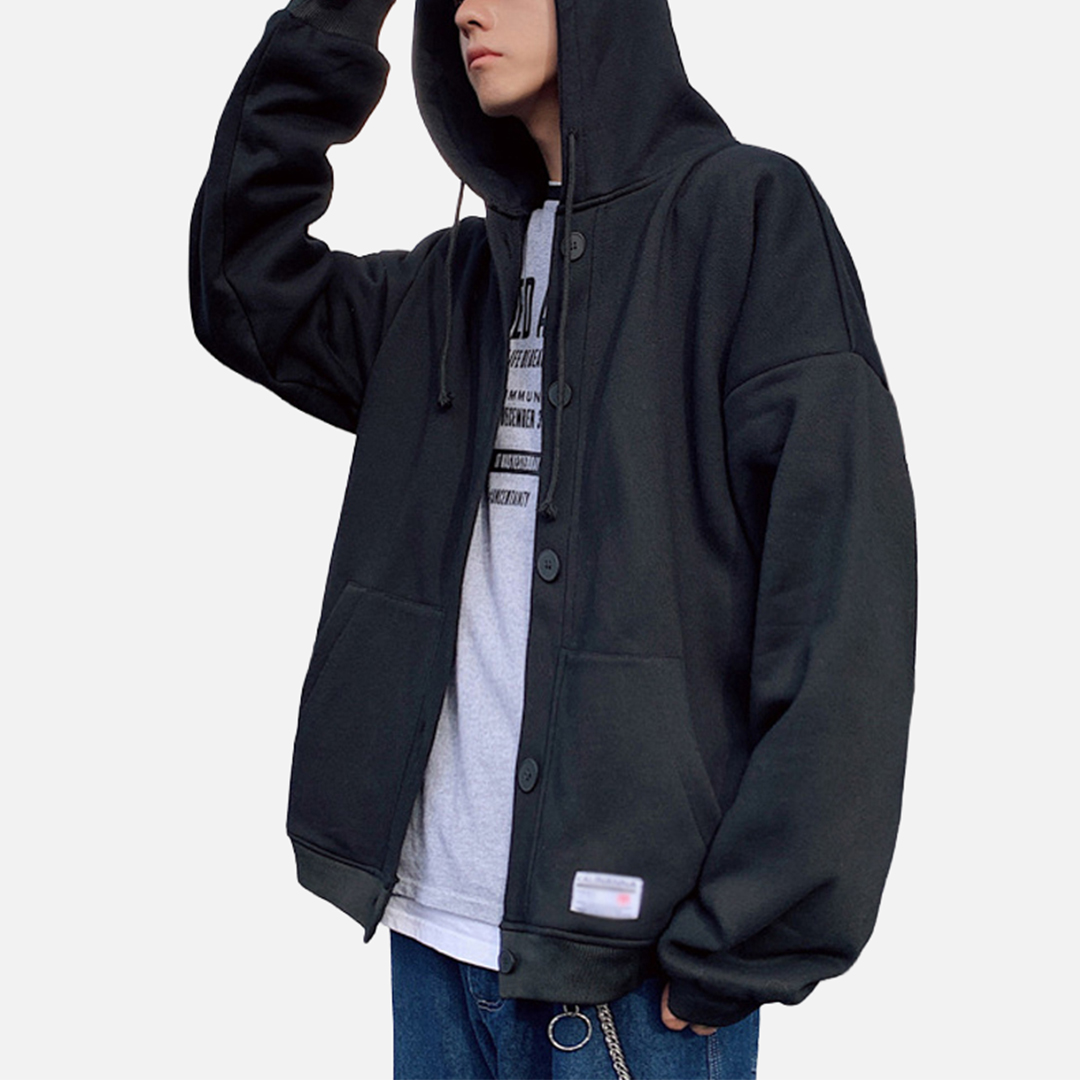 남자 기모 후드점퍼 후드잠바 버튼 오버핏 맨투맨 긴팔 XL 2XL - 메인 이미지