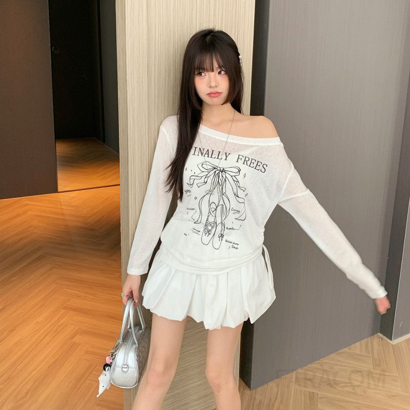 여성 오프숄더 긴팔 티셔츠 초가을용 루즈핏 스타일링 드로스트링 프린트 캐주얼 탑 시원한 착용감 편안한 외출용 디자인 - 상세 이미지 3