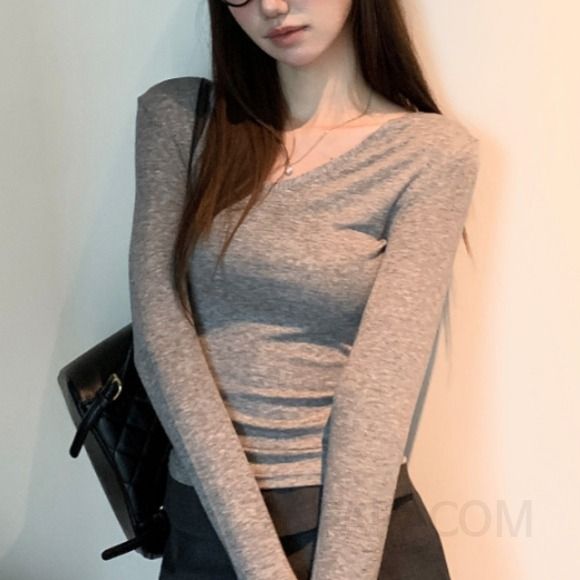 여성 긴팔 V넥 오프숄더 티셔츠 가을 다용도 레이어드 스타일 솔리드 컬러 패션 신상 - 상품 이미지