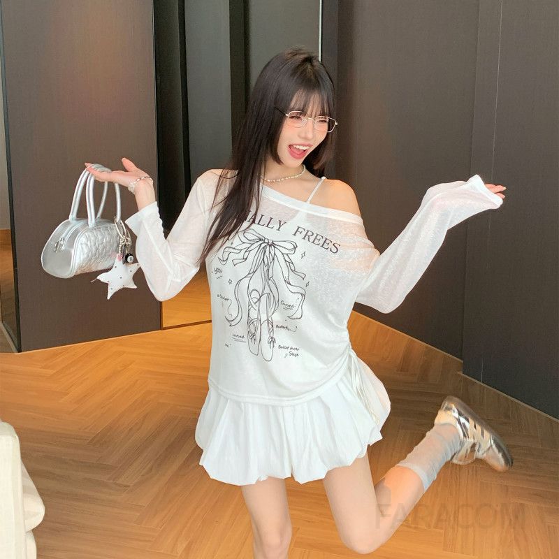 여성 오프숄더 긴팔 티셔츠 초가을용 루즈핏 스타일링 드로스트링 프린트 캐주얼 탑 시원한 착용감 편안한 외출용 디자인 - 상세 이미지 5