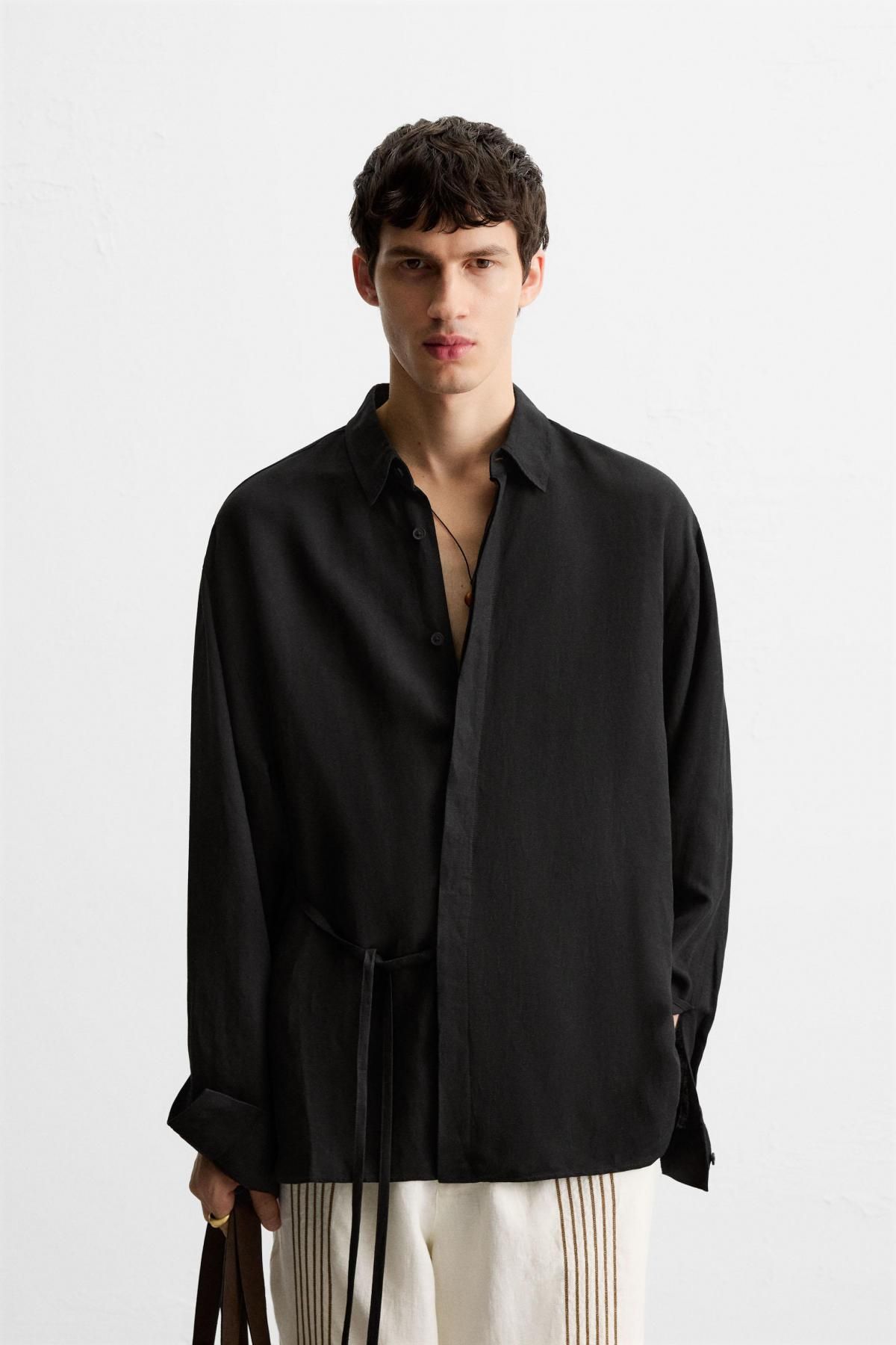 자라 릴랙스핏 블랙 비스코스 리넨 긴팔 셔츠 1195/415 BLACK - 상세 이미지 3
