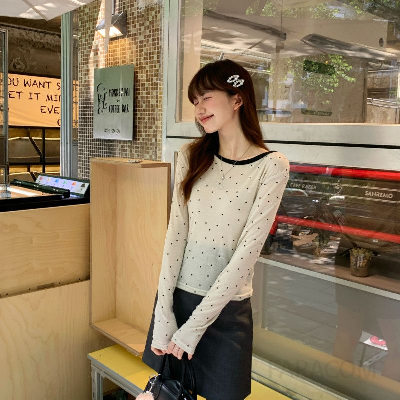 폴카 도트 여성 긴팔 티셔츠 가을 자외선 차단 얇은 레이어드 이너웨어 스타일링 활용도 높은 캐주얼 라운드 - 상세 이미지 4