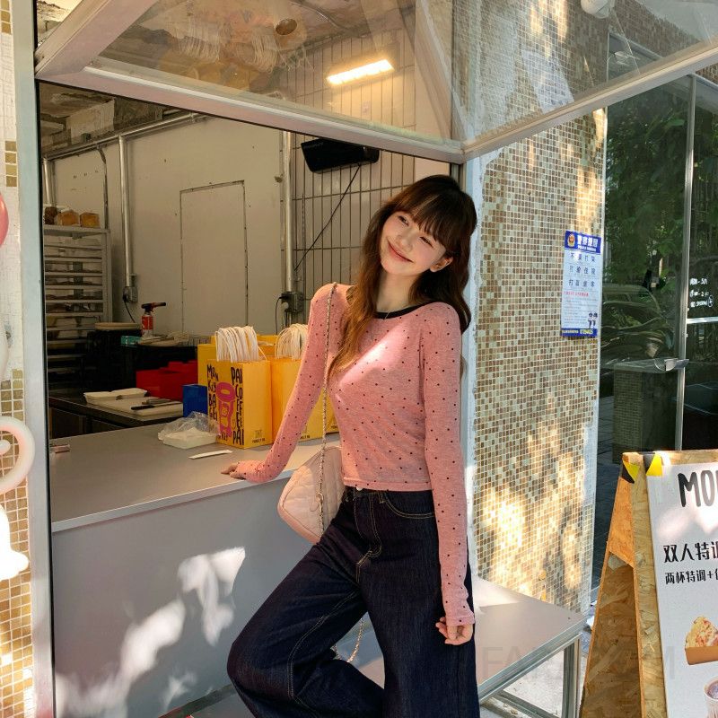 폴카 도트 여성 긴팔 티셔츠 가을 자외선 차단 얇은 레이어드 이너웨어 스타일링 활용도 높은 캐주얼 라운드 - 상세 이미지 2