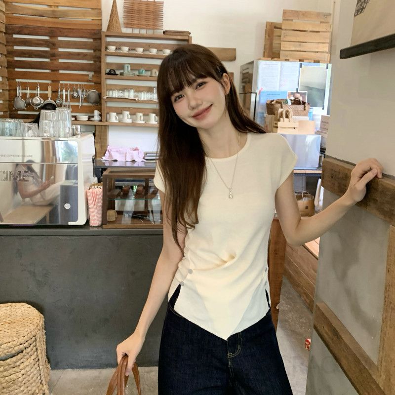 여름 여성 노란색 반팔니트 라운드티셔츠 크로스오버 스타일 시원한 착용감 패션 신스타일 - 상세 이미지 2