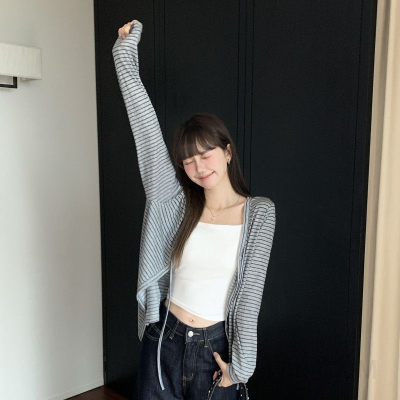 여성 긴팔 스트라이프 가디건 가을용 레트로 스타일 우아한 캐주얼 레이어드용 데일리웨어 고급스러운 얇은 스트랩 디자인 - 메인 이미지