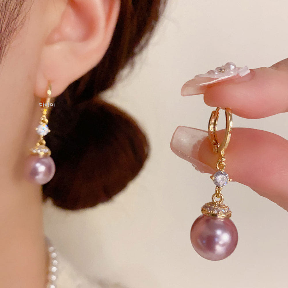 퍼플 진주 큐빅 드롭 원터치 긴귀걸이 14K 보라색 이어링 이미지 8