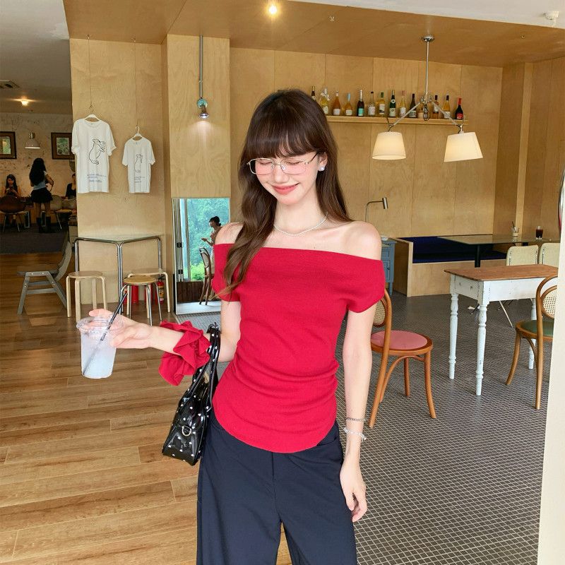 오프숄더 슬림핏 니트 여성 겨울 고급 스타일 화려한 디자인 매력적인 레드 탑 편안한 착용감 패션 트렌디한 - 상세 이미지 3