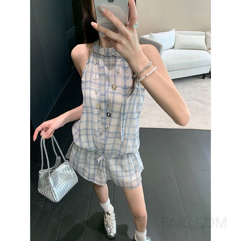 여름 여성용 홀터넥 민소매 나시탑 스타일 블루 플레드 우아한 착용감 좋은 패션 레이어드 가능 디자인 - 상세 이미지 2