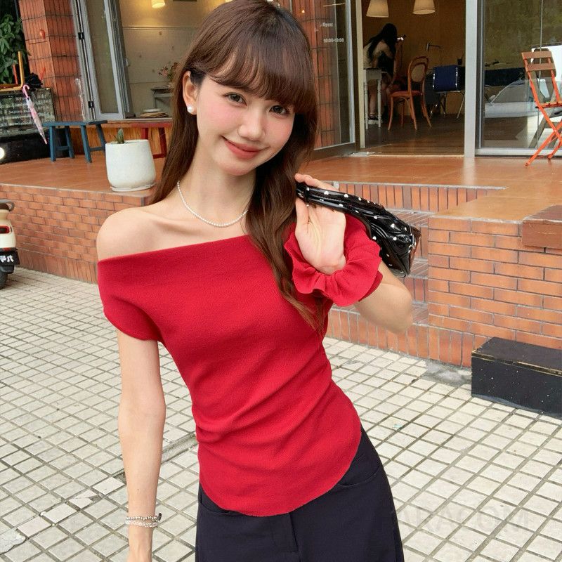 오프숄더 슬림핏 니트 여성 겨울 고급 스타일 화려한 디자인 매력적인 레드 탑 편안한 착용감 패션 트렌디한 - 상세 이미지 2