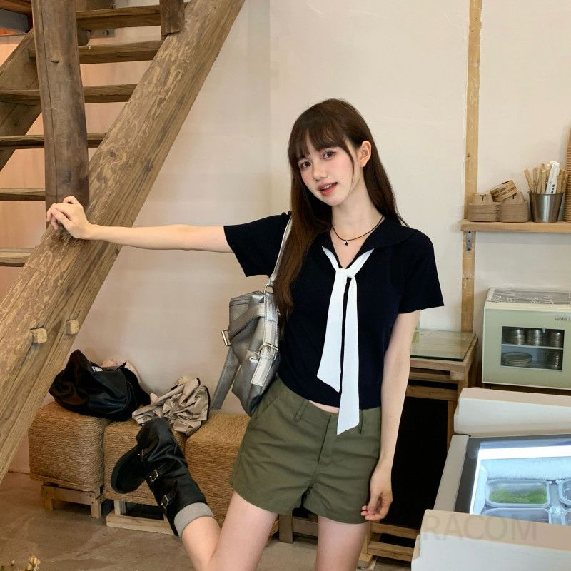 레트로 블랙 칼라 여성 여름 슬림핏 반팔티셔츠 스타일링 반팔티 캐주얼한 착용감 편안한 외출용 티셔츠 - 상세 이미지 2