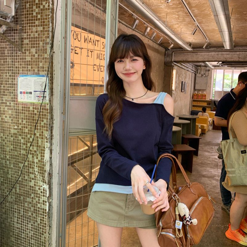 여성 오프숄더 긴팔 티셔츠 초가을 레이어드 스타일 캐미솔 디자인 캐주얼 착용감 편안한 시크한 매력 - 상세 이미지 5