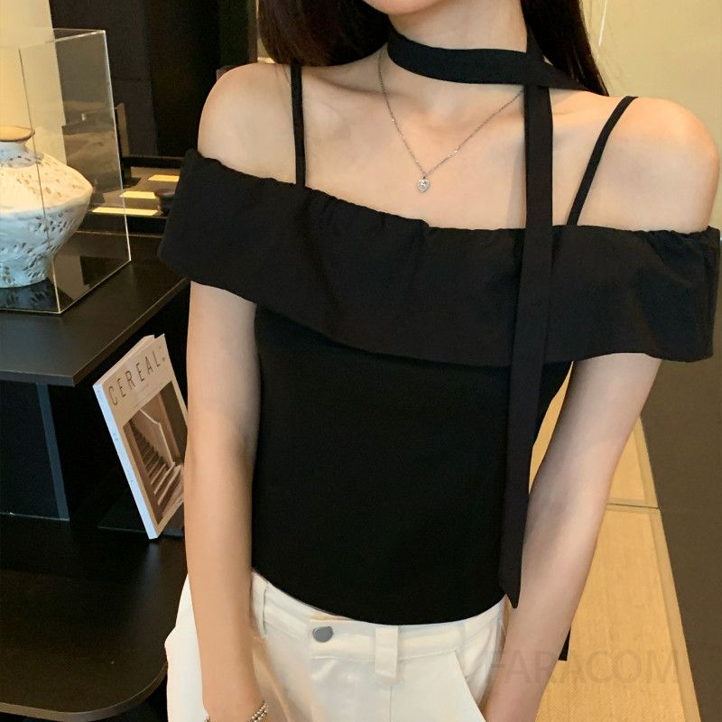 여성 슬림핏 블랙 스트래피 캐미솔 여름용 오프숄더 나시탑 시원한 착용감 매력적인 레이어드 스타일 민소매 패션 - 상세 이미지 3
