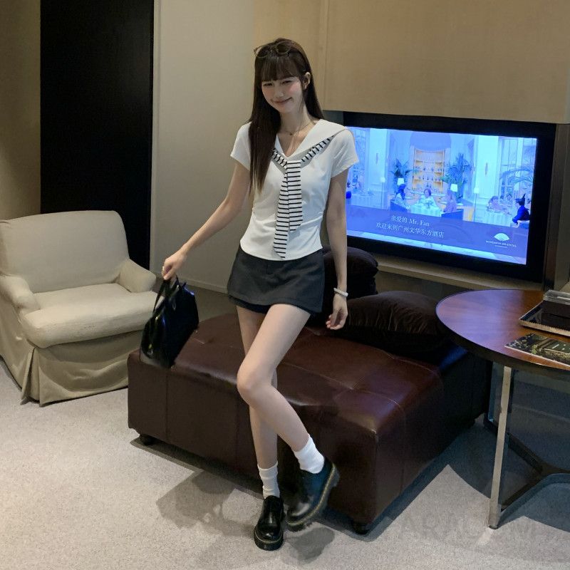 여름 여성용 슬리밍 V넥 회색 줄무늬 반팔 티셔츠 시원한 착용감과 허리 완성 - 상세 이미지 5