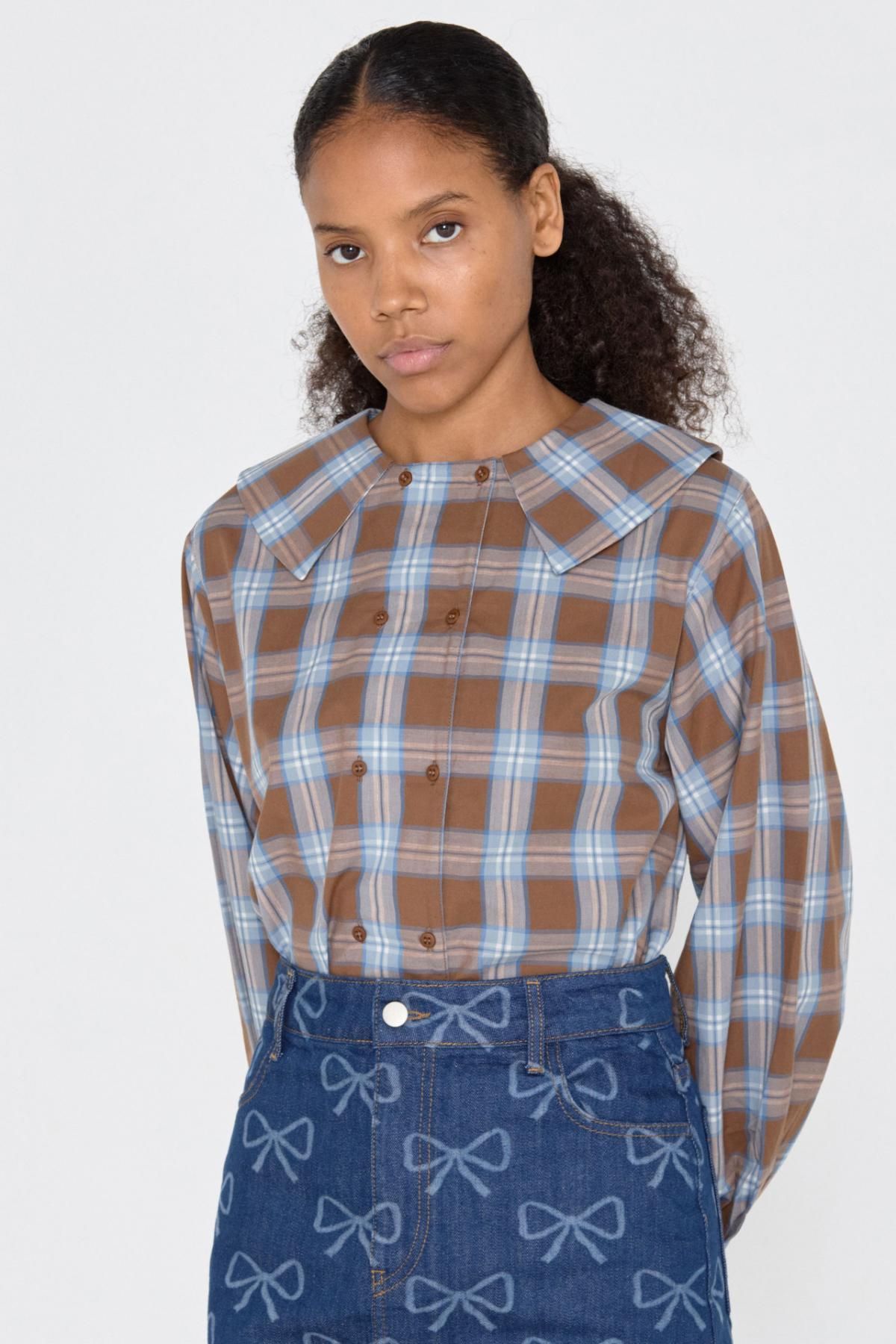 타이니코튼 트렌디 체크 패턴 루즈핏 블라우스 AW24-783M06 ONE COLOR - 상세 이미지 3