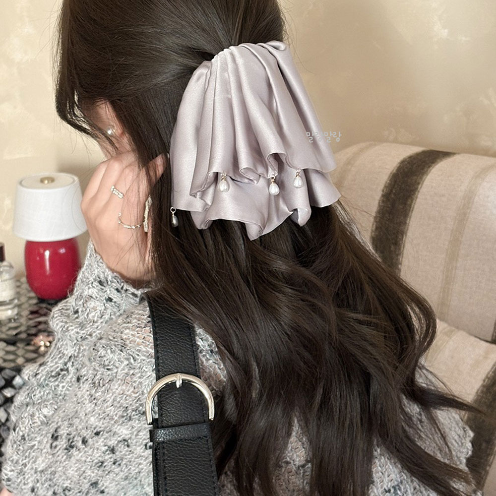 진주 새틴 헤어핀 반묶음 머리장식 포인트 포니테일집게핀 - 상세 이미지 2