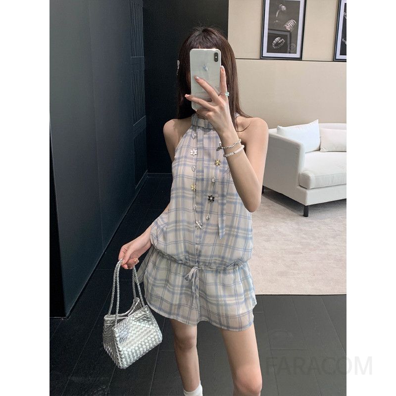 여름 여성용 홀터넥 민소매 나시탑 스타일 블루 플레드 우아한 착용감 좋은 패션 레이어드 가능 디자인 - 상세 이미지 4