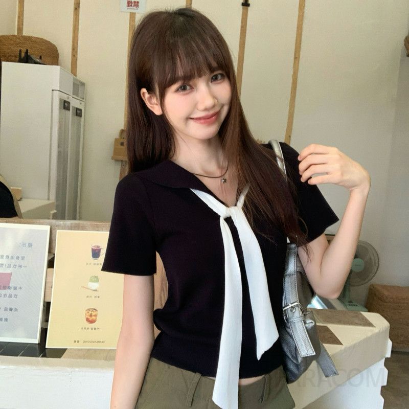 레트로 블랙 칼라 여성 여름 슬림핏 반팔티셔츠 스타일링 반팔티 캐주얼한 착용감 편안한 외출용 티셔츠 - 상세 이미지 3