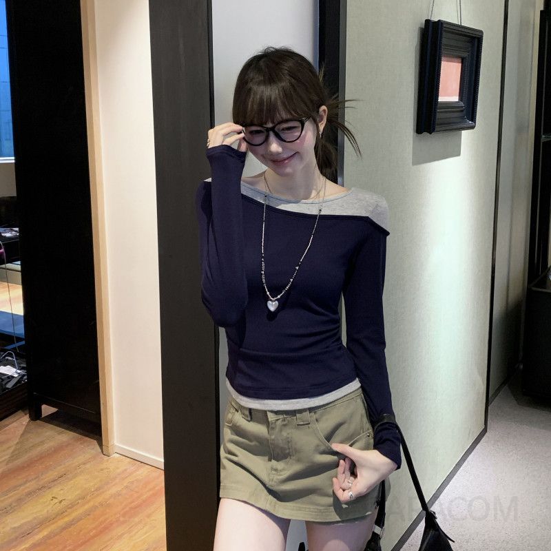 여성 긴팔티셔츠 가을 컬러 블로킹 허리 디자인 캐주얼 라운드 레이어드 스타일 편안한 착용감 모던한 패션 트렌디한 - 상품 이미지