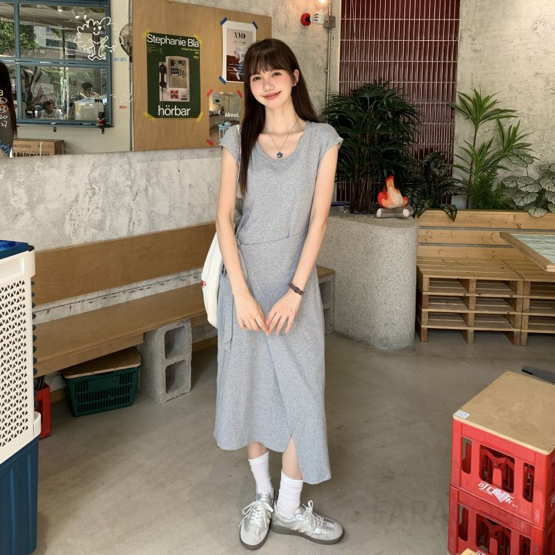 여름 여성용 스타일 면 반팔 드로스트링 허리 슬리밍 시원한 착용감 우아한 디자인 캐주얼 - 상품 이미지