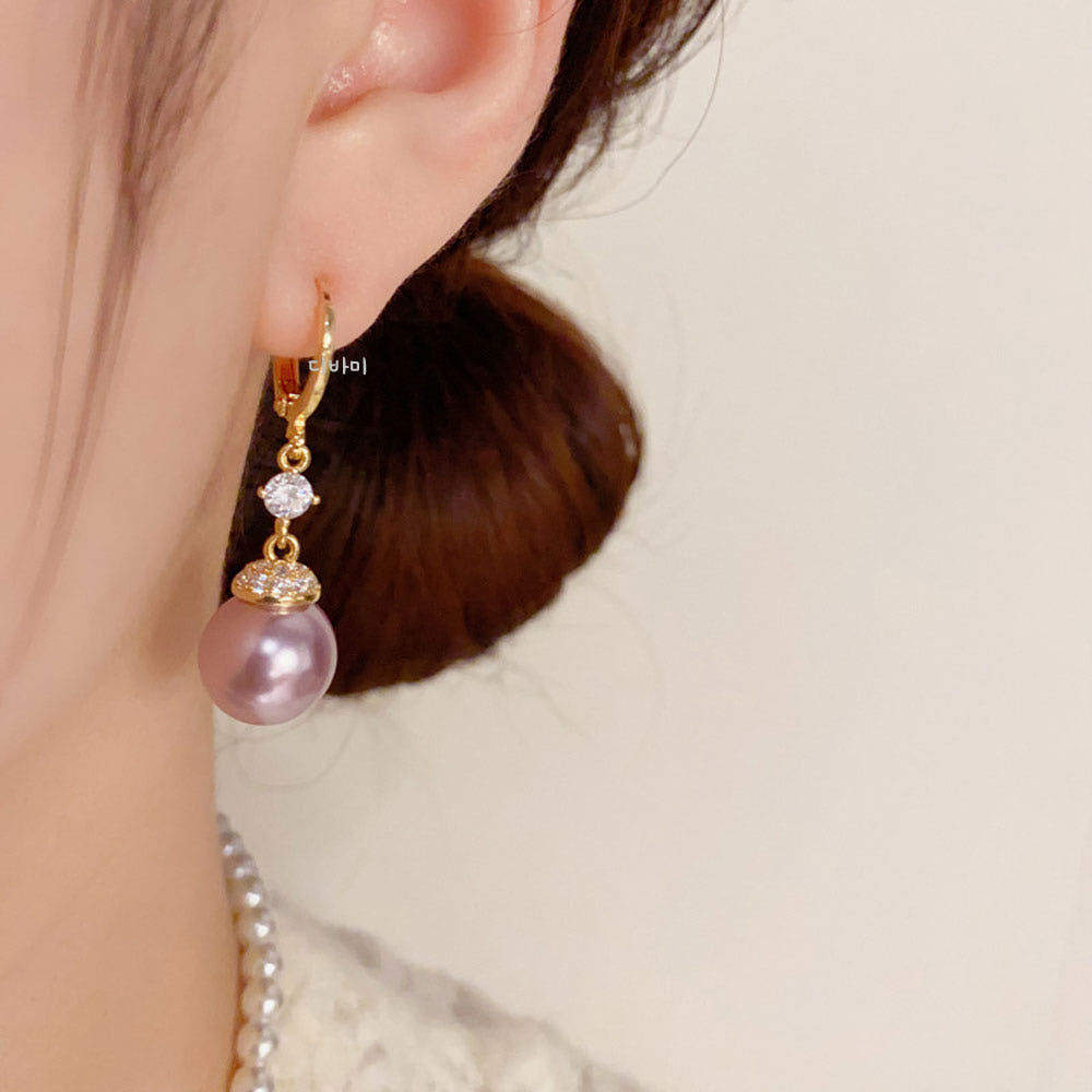 퍼플 진주 큐빅 드롭 원터치 긴귀걸이 14K 보라색 이어링 이미지 6
