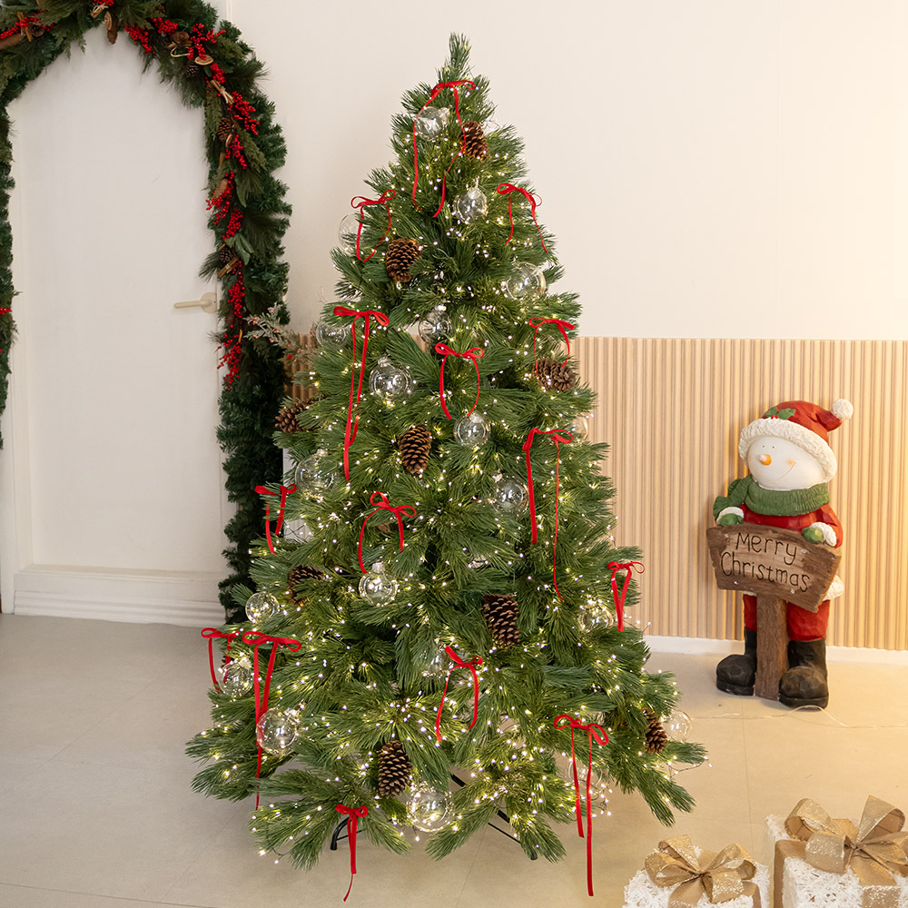 크리스마스 트리 나무 장식 풀세트 레드벨벳리본솔방울큰솔 180cm (양면) 성탄절 PE PVC 대형 소품 데코 - 상품 이미지