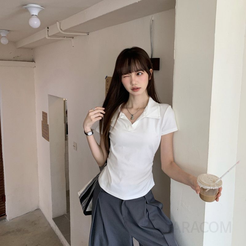 여성용 카라 반팔티셔츠 여름용 슬리밍 스타일 흰색 허리 디자인 편안한 착용감 캐주얼 패션 트렌드 시원한 코튼 소재 - 상세 이미지 3